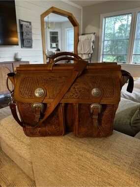 Leather Tooled Satchel Messenger Bag - Brown